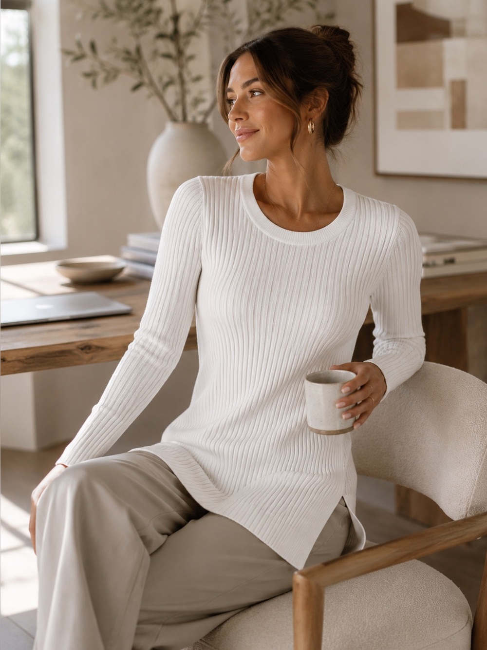 Athleta Lincoln Park Ribbed Tunic Sweater Dove White Large